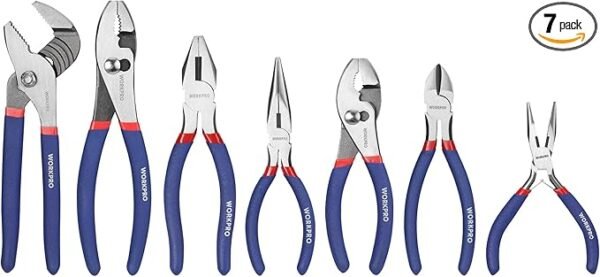 7-piece WORKPRO Pliers Set with Groove Joint, Long Nose, Slip Joint, Linesman, and Diagonal Pliers for DIY & Home Use