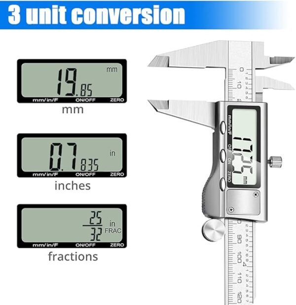 Digital Caliper Measuring Tool, Stainless Steel Vernier Caliper Digital Micrometer with Large LCD Screen, Easy Switch from Inch Metric Fraction, 6 Inch Caliper Tool for DIY/Household - Image 3