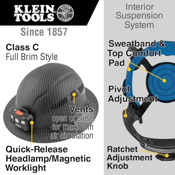 Klein Tools 60347 Hard Hat, Vented Full Brim, Class C, Premium KARBN Pattern, Rechargeable Lamp, Padded Sweat-Wicking Sweatband, Top Pad - Image 2