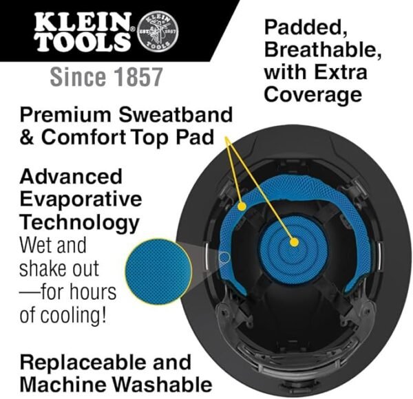 Klein Tools 60347 Hard Hat, Vented Full Brim, Class C, Premium KARBN Pattern, Rechargeable Lamp, Padded Sweat-Wicking Sweatband, Top Pad - Image 3