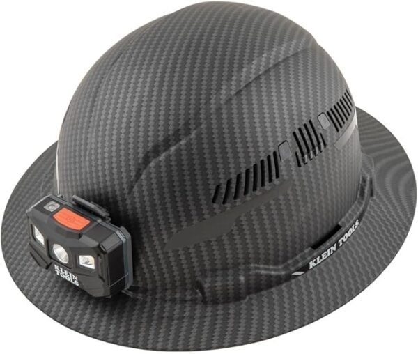 Klein Tools 60347 Hard Hat, Vented Full Brim, Class C, Premium KARBN Pattern, Rechargeable Lamp, Padded Sweat-Wicking Sweatband, Top Pad