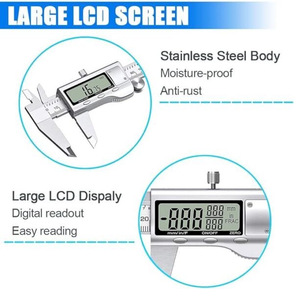 Digital Caliper Measuring Tool, Stainless Steel Vernier Caliper Digital Micrometer with Large LCD Screen, Easy Switch from Inch Metric Fraction, 6 Inch Caliper Tool for DIY/Household - Image 6