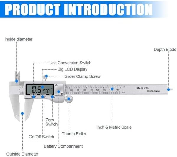Digital Caliper Measuring Tool, Stainless Steel Vernier Caliper Digital Micrometer with Large LCD Screen, Easy Switch from Inch Metric Fraction, 6 Inch Caliper Tool for DIY/Household - Image 7