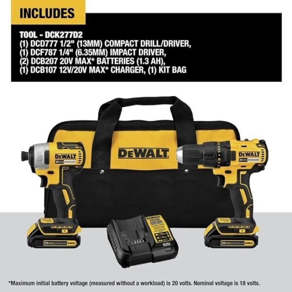 DEWALT 20V MAX Cordless Drill, Impact Driver, 2-Tool Power Tool Combo Kit, Brushless Power Tool Set with 2 Batteries and Charger Included (DCK277D2) - Image 3