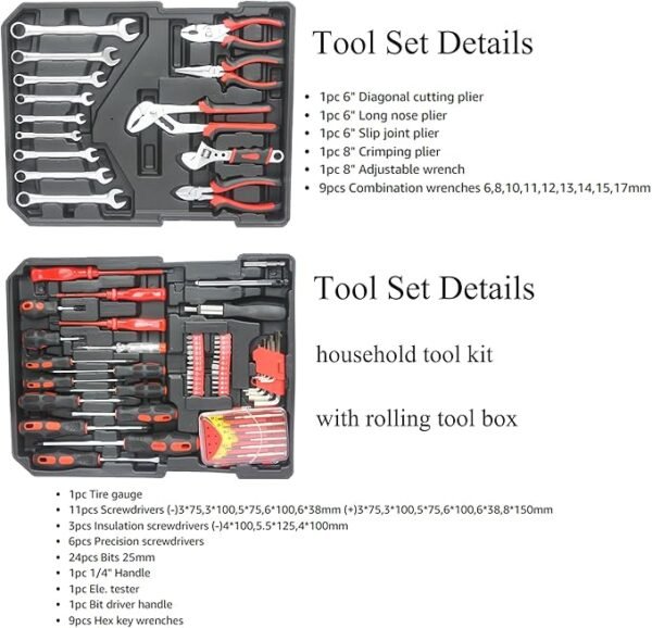 899PCS Tool Set, Household Tool Kit with Rolling Tool Box, Complete Tool Box Set Hand Tool Set with Tool Box, Mechanic Tool Set Rolling Tool Set for Home/Auto Repair Tool Set, Black - Image 5