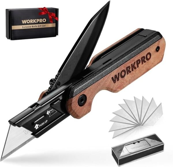 WORKPRO 2-in-1 Folding Knife/Utility Knife - Gifts for Dad, Quick-Change Box Cutter with Belt Clip and Liner Lock, Extra 10 SK5 Blades Included