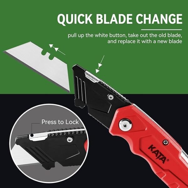 KATA 4-PACK Folding Utility Knife, Heavy Duty Box Cutter with 20pcs SK5 Quick Change Blades, Safety Lock Back Design, Used for Cutting Cartons, Cardboards and Boxes - Image 4