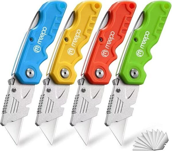 Box Cutter, 4-Pack Tough Folding Box Cutter for Heavy Duty Purpose, Razor Sharp Blade, Comfortable Handle, with Extra 10-Piece Blades, Can cut Drywall, Sheet Plastic, Linoleum, Boxes, Rope