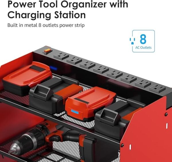 CCCEI Modular Power Tool Organizer Wall Mount with Charging Station. Garage 4 Drill Storage Shelf with Hooks, Screwdriver, Drill Bit Heavy Duty Rack, Tool Battery Holder Built in 8 Outlet Power Strip. - Image 2