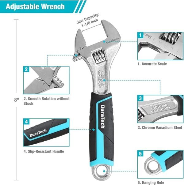 DURATECH 8-Piece Pliers Set with Rolling Pouch, Premium Cr-V/Cr-Ni Construction, (12\", 10\", 8\" Groove Joint Pliers, 8\" Adjustable Wrench, 8\" Linesman, 6\" Long Needle Nose, 6\" Slip Joint, 6\" Diagonal) - Image 5