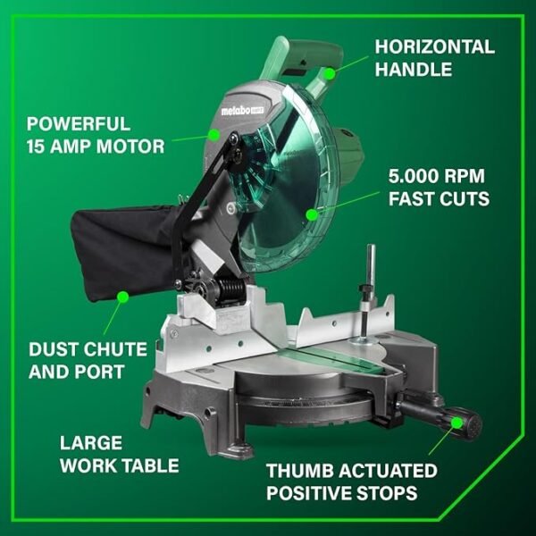 Metabo HPT 10-Inch Compound Miter Saw, 15-Amp Power Saw with Large 10-Inch Table, Precision Miter Angles, Single Bevel 0-45°, 24T TCT Miter Blade, Positive Stops, Lightweight Design, C10FCGS - Image 3