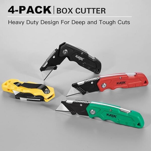 KATA 4-PACK Folding Utility Knife, Heavy Duty Box Cutter with 20pcs SK5 Quick Change Blades, Safety Lock Back Design, Used for Cutting Cartons, Cardboards and Boxes - Image 2