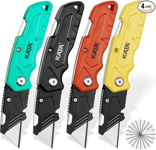 KATA 4-PACK Folding Utility Knife, Heavy Duty Box Cutter with 20pcs SK5 Quick Change Blades, Safety Lock Back Design, Used for Cutting Cartons, Cardboards and Boxes