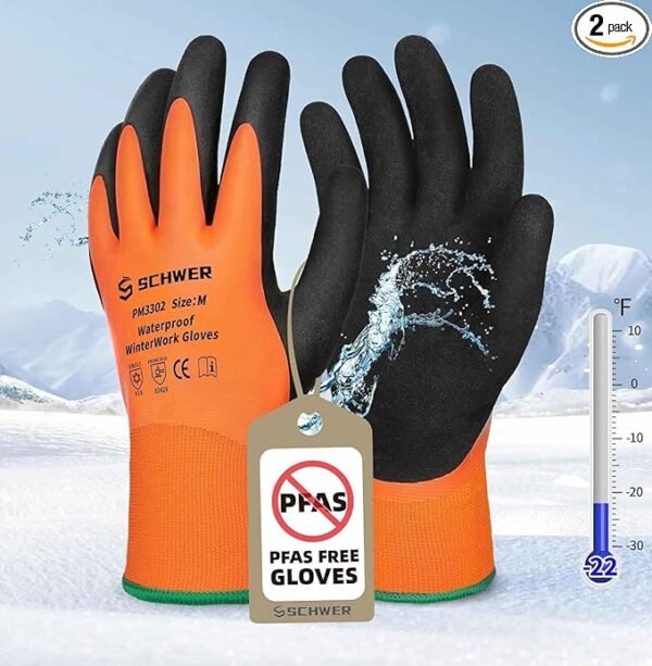 Schwer 2 Pairs FreezeGuard Winter Work Gloves, ANSI A2 Cut Resistant Freezer Gloves for Outdoor Cold Weather Keep Hands Warm, Waterproof Gloves for Shoveling Snow, Ice Fishing, M