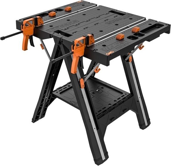 Worx Pegasus 2-in-1 Folding Work Table & Sawhorse, Easy Setup Portable Workbench, 31\" W x 25\" D x 32\" H Lightweight Worktable with Heavy-Duty Load Capacity, WX051 - Includes 2 Clamps & 4 Clamp Dogs