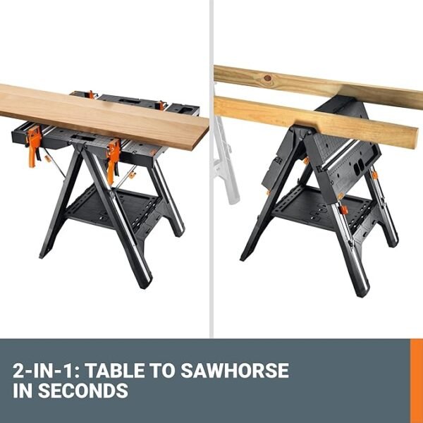 Worx Pegasus 2-in-1 Folding Work Table & Sawhorse, Easy Setup Portable Workbench, 31\" W x 25\" D x 32\" H Lightweight Worktable with Heavy-Duty Load Capacity, WX051 - Includes 2 Clamps & 4 Clamp Dogs - Image 3