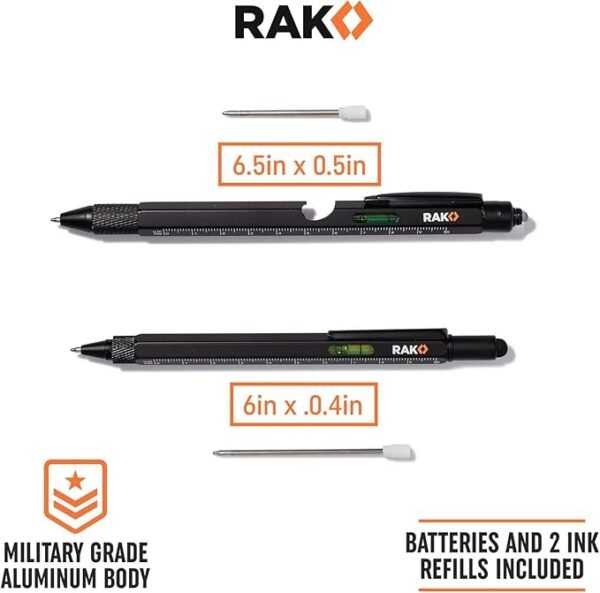 RAK Multitool Pen 2-Pack - Multi-Tool Pens with LED Light, Flathead & Phillips Screwdrivers, Level, Ruler, Bottle Opener, and Stylus. Gift-Ready Box with Ink Refills & Batteries. Great for EDC. - Image 4