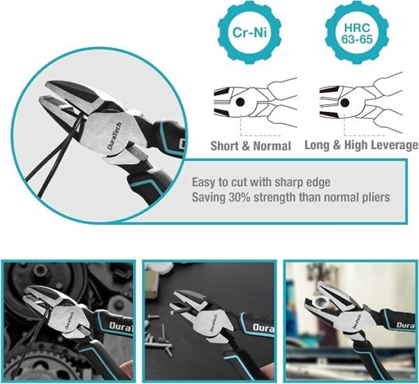 DURATECH 8-Piece Pliers Set with Rolling Pouch, Premium Cr-V/Cr-Ni Construction, (12\", 10\", 8\" Groove Joint Pliers, 8\" Adjustable Wrench, 8\" Linesman, 6\" Long Needle Nose, 6\" Slip Joint, 6\" Diagonal) - Image 4