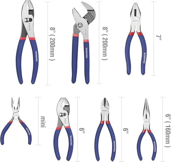 7-piece WORKPRO Pliers Set with Groove Joint, Long Nose, Slip Joint, Linesman, and Diagonal Pliers for DIY & Home Use - Image 2