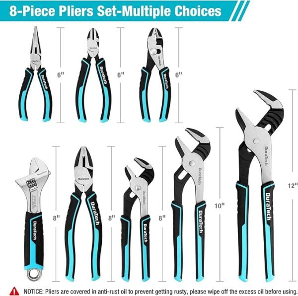 DURATECH 8-Piece Pliers Set with Rolling Pouch, Premium Cr-V/Cr-Ni Construction, (12\", 10\", 8\" Groove Joint Pliers, 8\" Adjustable Wrench, 8\" Linesman, 6\" Long Needle Nose, 6\" Slip Joint, 6\" Diagonal) - Image 3