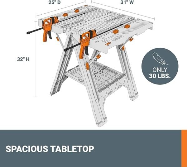 Worx Pegasus 2-in-1 Folding Work Table & Sawhorse, Easy Setup Portable Workbench, 31\" W x 25\" D x 32\" H Lightweight Worktable with Heavy-Duty Load Capacity, WX051 - Includes 2 Clamps & 4 Clamp Dogs - Image 4