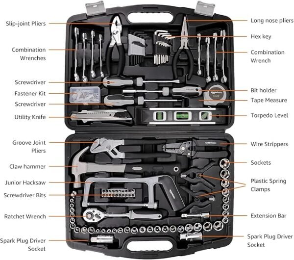 Amazon Basics 173-Piece General Household Home Repair Mechanic\'s Hand Tool Set with Storage Case, Portable for DIY - Image 2