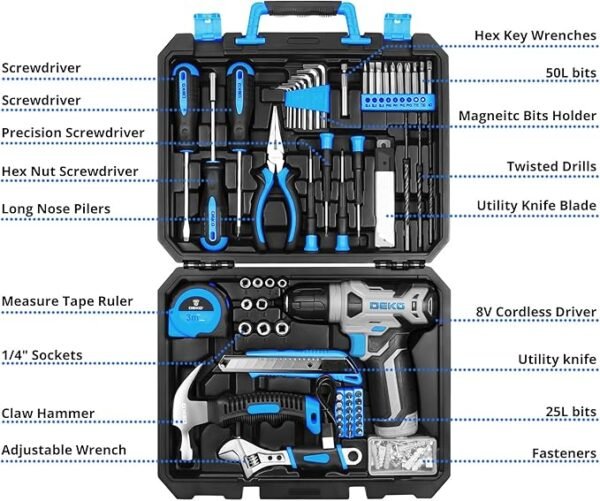 DEKOPRO Drill Set: Tool Set with 8V Blue Cordless Drill, Home Tool Kit with Drill, Hand Tool Kits for Women 126 Piece - Image 2