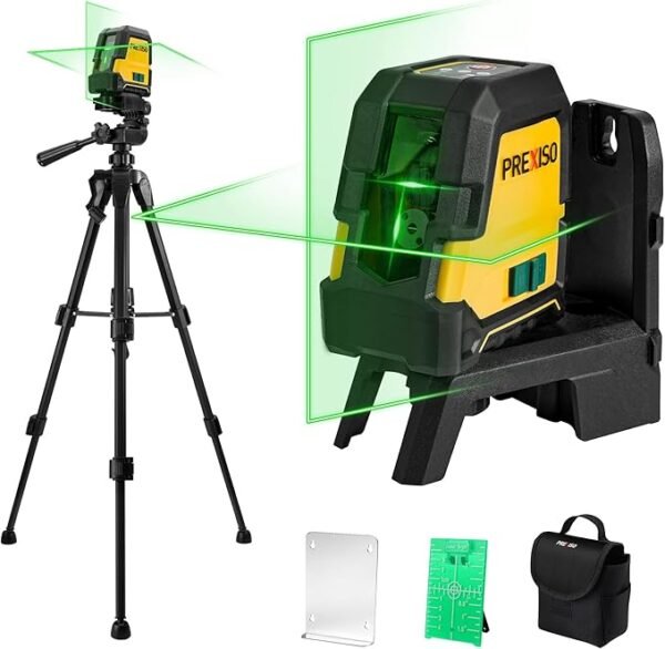 PREXISO Laser Level with Tripod - 100Ft Rechargeable Dual Modules Line Laser, Self Leveling Wide Angle Cross Leveler Tool for Construction, Floor Tile Renovation with Magnetic Base, Target Plate, Bag