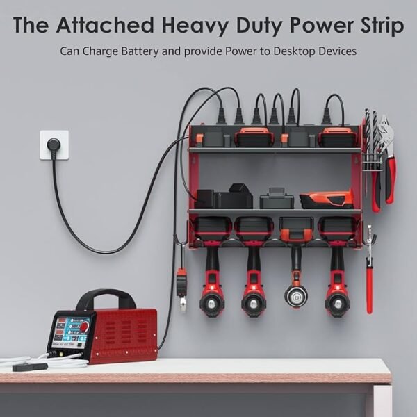 CCCEI Modular Power Tool Organizer Wall Mount with Charging Station. Garage 4 Drill Storage Shelf with Hooks, Screwdriver, Drill Bit Heavy Duty Rack, Tool Battery Holder Built in 8 Outlet Power Strip. - Image 3