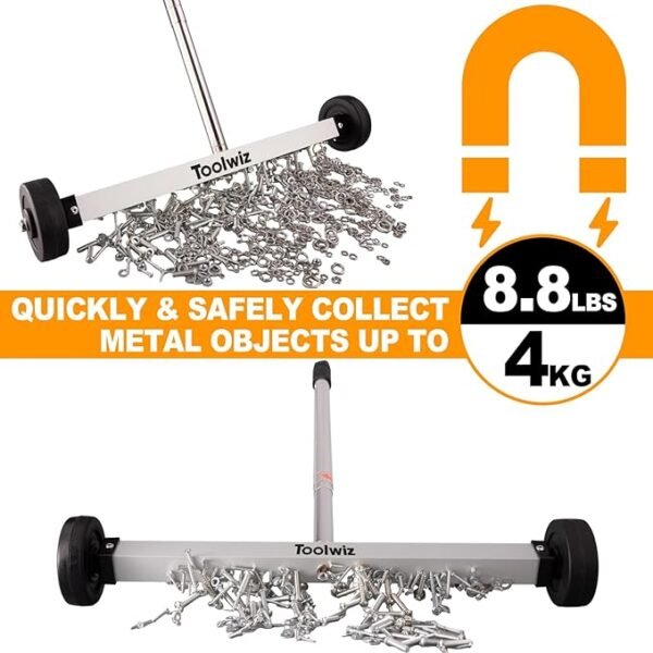 Toolwiz Magnetic Pick Up Sweeper 17-inch Heavy Duty Magnet Pickup Lawn Sweeper Roofing Tools, 8.8 Lbs Yard Magnet with Telescoping Holder and Wheels to Pick Up Nails Magnetic Sweeper for Construction - Image 3