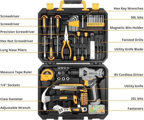 DEKOPRO Tool Set：Tool Kit with 8V Cordless Drill,Tool Box with Drill,Hand Drill Set for Men & Women,Home Tool Kits for House Repair,Handyman,DIY 126 Piece - Image 2