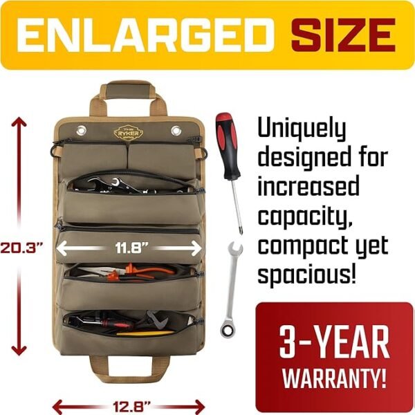 The Ryker Bag Tool Organizer Bag Tool Roll Up Bag w/Detachable Pockets. Gifts for Him Roll Up Tool Bag Organizer for Mechanic Tool Bag Small Car Portable Tool Bag Roll Up Tool Roll Bag Organizer - Image 2