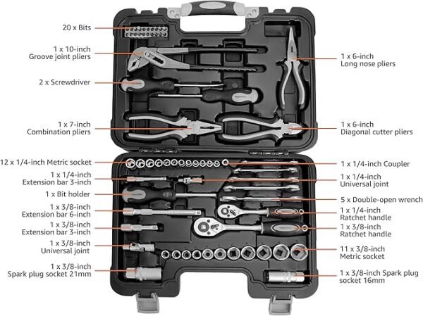 Amazon Basics 65-Piece General Household Home Repair and Mechanic\'s Hand Tool Kit Set, Black - Image 2