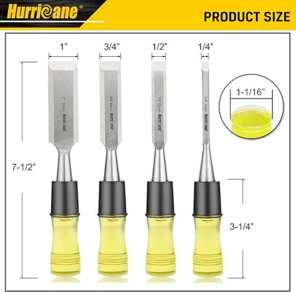 HURRICANE 4 Piece Wood Chisel Set for Woodworking, CR-V Steel Beveled Edge Blade, Durable PVC High Impact Handle Wood Chisel - Image 2