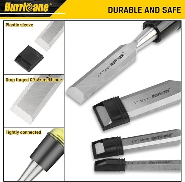 HURRICANE 4 Piece Wood Chisel Set for Woodworking, CR-V Steel Beveled Edge Blade, Durable PVC High Impact Handle Wood Chisel - Image 3