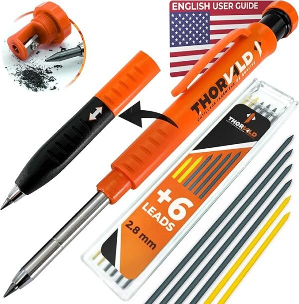 THORVALD New 2-in-1 Carpenter Pencils with Finger Grip for Carpenter (Incl. 7 Leads + Sharpener) Solid Mechanical Pencils with Fine Point/Best Marking tools Construction/Carpenters/Scriber