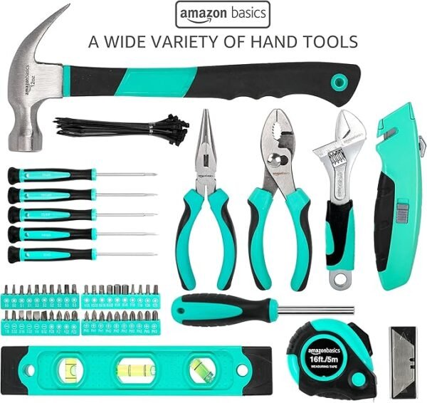 Amazon Basics Tool Set, 104-Piece Easily Carried Round Pouch, All Purpose Home Tool Kits, 14.4 x 11.4 x 3 inches, Turquoise - Image 3