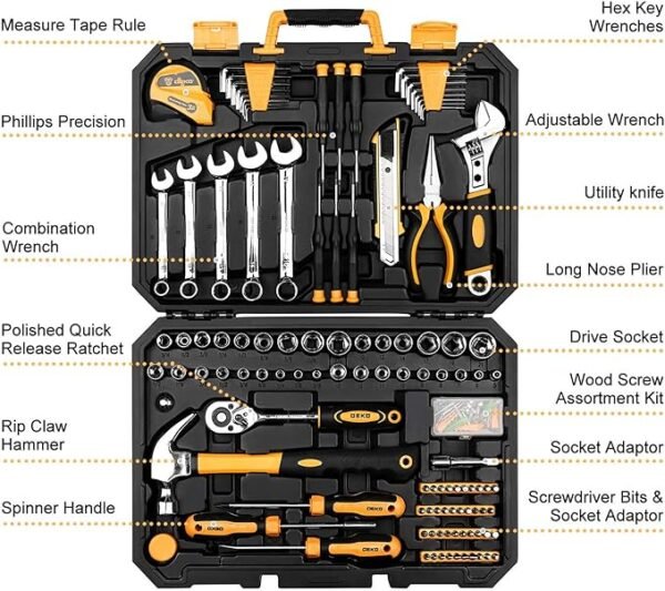 DEKOPRO 158 Piece Tool Set-General Household Hand Tool Kit,Auto Repair Tool Set, with Plastic Toolbox Storage Case - Image 2