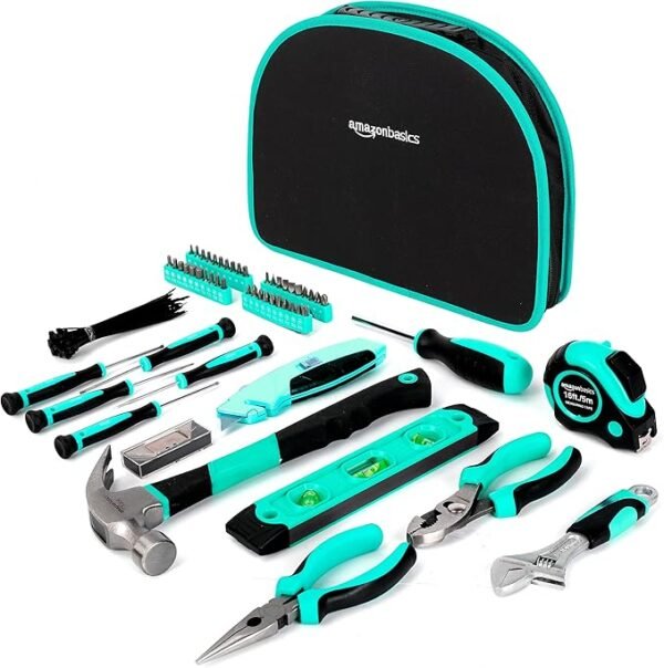 Amazon Basics Tool Set, 104-Piece Easily Carried Round Pouch, All Purpose Home Tool Kits, 14.4 x 11.4 x 3 inches, Turquoise - Image 2