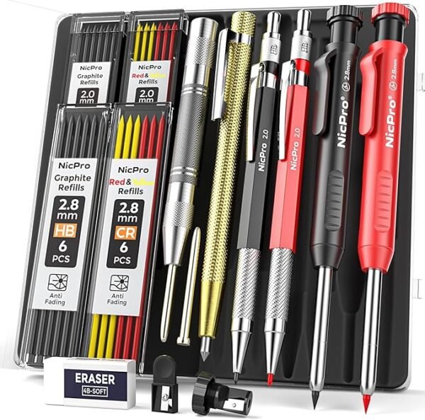 Nicpro 15 Pack Carpenter Pencil Set with Sharpener, Mechanical Carpenter Pencils with 40 Refill, Automatic Center Punch and Carbide Scribe Tool, Heavy Duty Construction Pencil for Architect-With Case