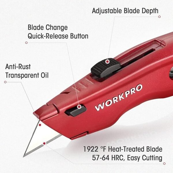 WORKPRO Premium Utility Knife, Retractable All Metal Heavy Duty Box Cutter, Quick Change Blade Razor Knife, with 10 Extra Blades - Image 2