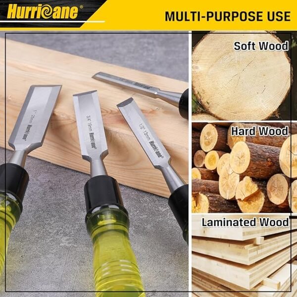 HURRICANE 4 Piece Wood Chisel Set for Woodworking, CR-V Steel Beveled Edge Blade, Durable PVC High Impact Handle Wood Chisel - Image 4