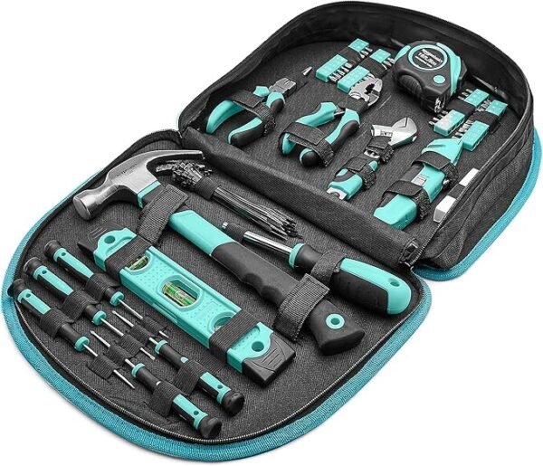 Amazon Basics Tool Set, 104-Piece Easily Carried Round Pouch, All Purpose Home Tool Kits, 14.4 x 11.4 x 3 inches, Turquoise