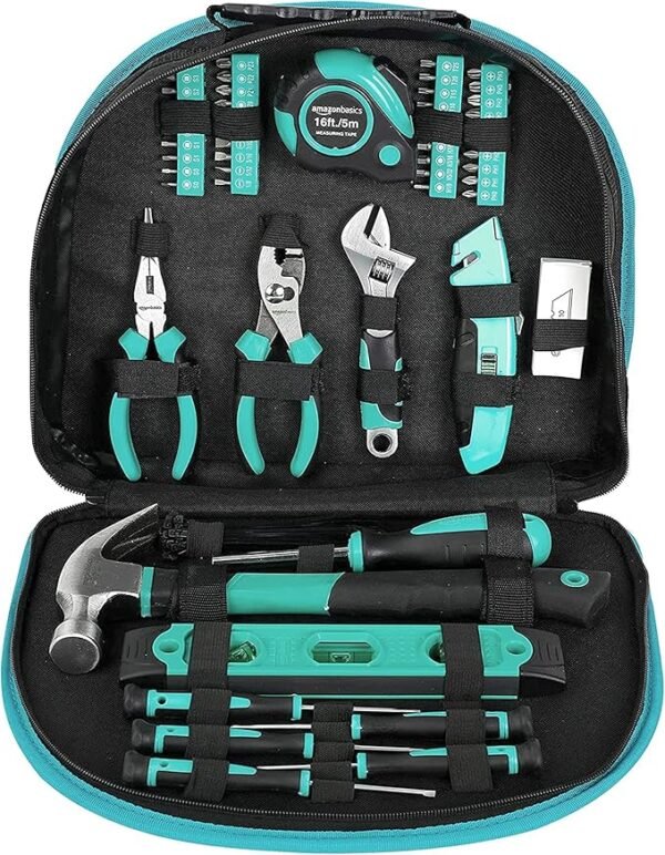 Amazon Basics Tool Set, 104-Piece Easily Carried Round Pouch, All Purpose Home Tool Kits, 14.4 x 11.4 x 3 inches, Turquoise - Image 4