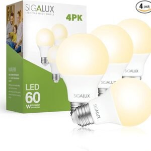 Sigalux LED Light Bulbs 60 Watt Equivalent A19 Standard Light Bulbs 2700K Warm, Non-Dimmable Energy Efficient 9.5W LED Soft White Bulb with E26 Medium Base, 800 Lumens, UL Listed, 4 Packs
