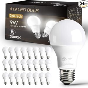 dalattin 24 Pack LED Bulbs Daylight White 5000K, 60 Watt Equivalent A19 Standard Bulbs, E26 Base, 800 LM, Efficient 9W Energy Saving, Non-Dimmable, 80+ CRI, 120V, UL Listed, for Living Room, Office