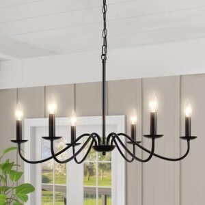 Black Chandelier, 6-Light Farmhouse Chandelier for Dining Room Lighting Fixture, 27.59\" Rustic Industrial Modern Candle Chandelier for Bedroom, Kitchen, Living Room, Foyer and Hallway
