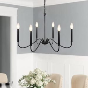 Black Chandelier- Modern Farmhouse Chandelier Dining Room Light Fixture 6 Light E12 Candle Pendant Hanging Light for Living Room, Bedroom, Foyer, Kitchen Island, Entrance